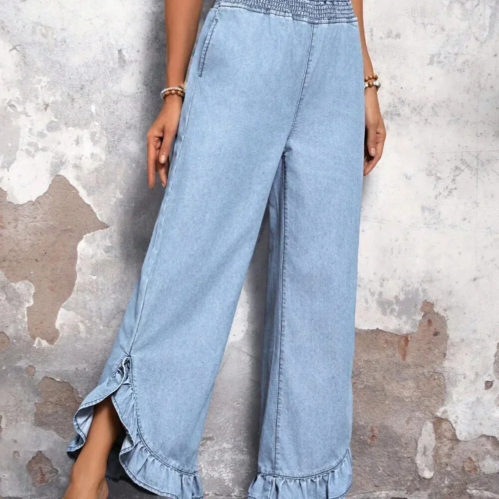 Light Wash Casual Women's High Waist Ruffle Hem Wide Leg Jeans - Picture 6 of 6